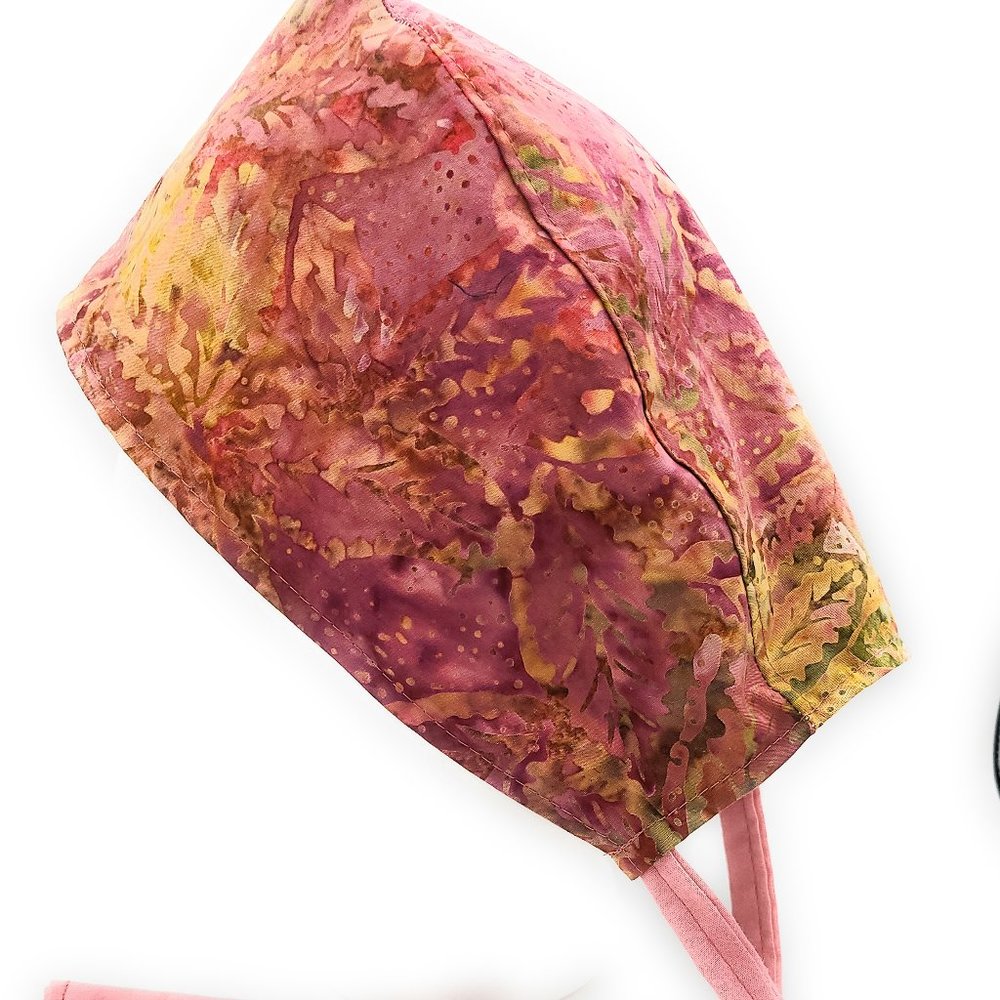 Copper & Pink Leaf Batik Surgical Scrub Cap